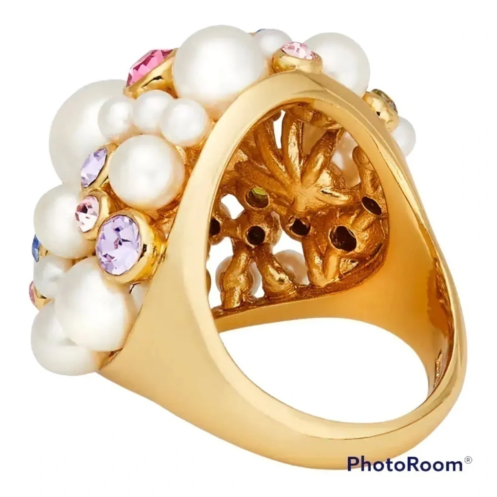 🆕kate spade♠️Stunning Cream Pearl Caviar Multi Color Stones Statement Ring SZ 5